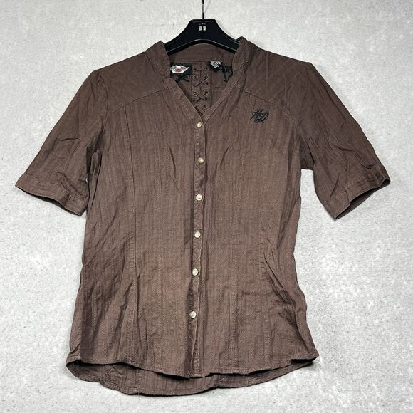 Harley Davidson Shirt Women Small Dark Brown Lace Up Back Button Up Embroidered - Picture 1 of 11